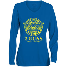 Load image into Gallery viewer, T-Shirt-Design-1 1788 Ladies&#39; Moisture-Wicking Long Sleeve V-Neck Tee - 2 Guns Vet
