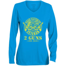 Load image into Gallery viewer, T-Shirt-Design-1 1788 Ladies&#39; Moisture-Wicking Long Sleeve V-Neck Tee - 2 Guns Vet
