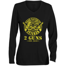 Load image into Gallery viewer, T-Shirt-Design-1 1788 Ladies&#39; Moisture-Wicking Long Sleeve V-Neck Tee - 2 Guns Vet
