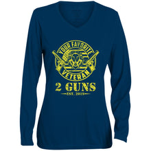 Load image into Gallery viewer, T-Shirt-Design-1 1788 Ladies&#39; Moisture-Wicking Long Sleeve V-Neck Tee - 2 Guns Vet
